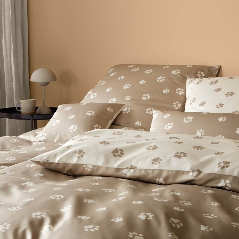 elegante Mako-Satin Bettwäsche 'Paws' 135 x 200 cm Natur - Beige